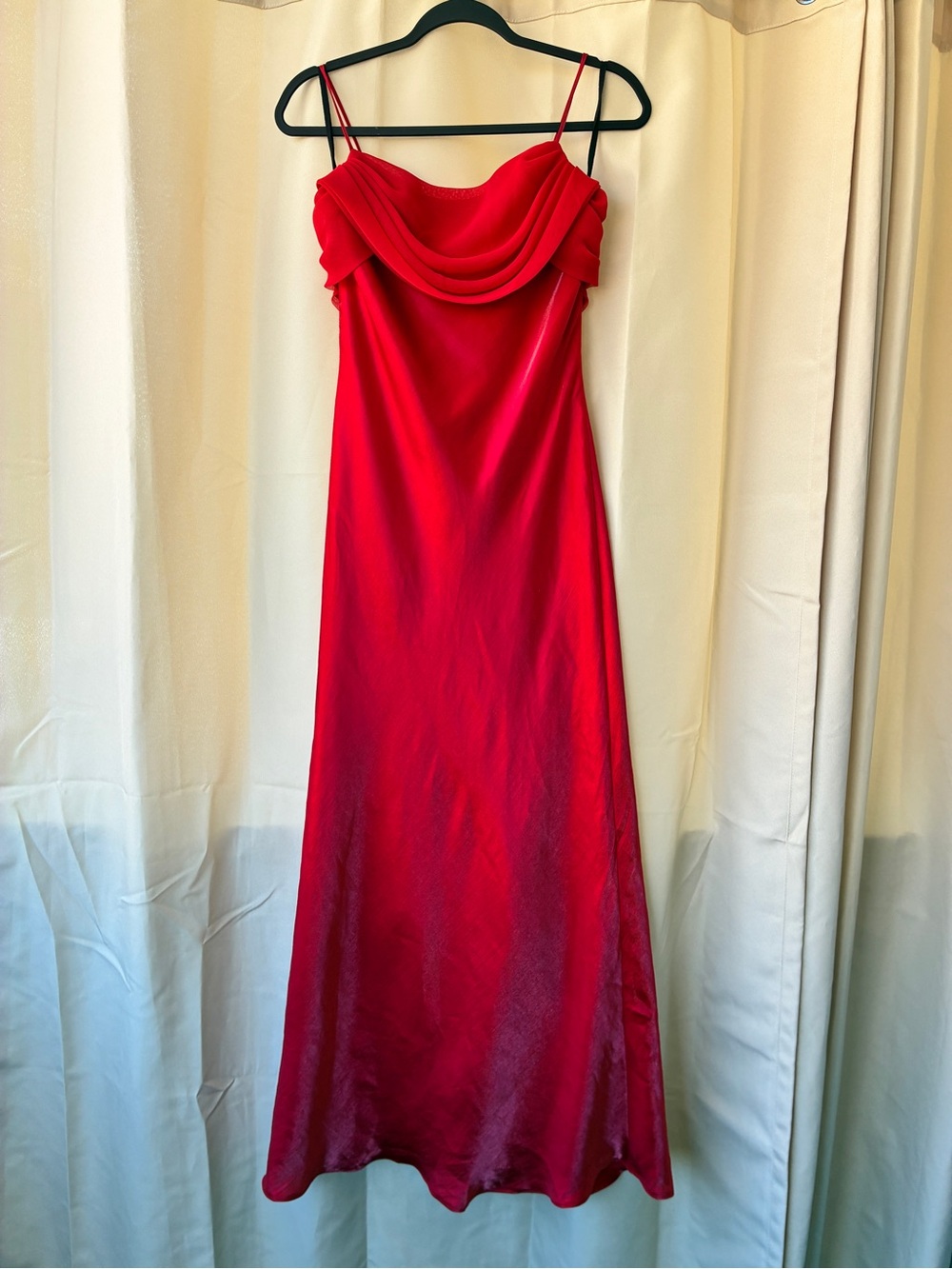 Vintage Y2K Dollar USA Red Iridescent Satin Draped Cowl Maxi Dress Gown